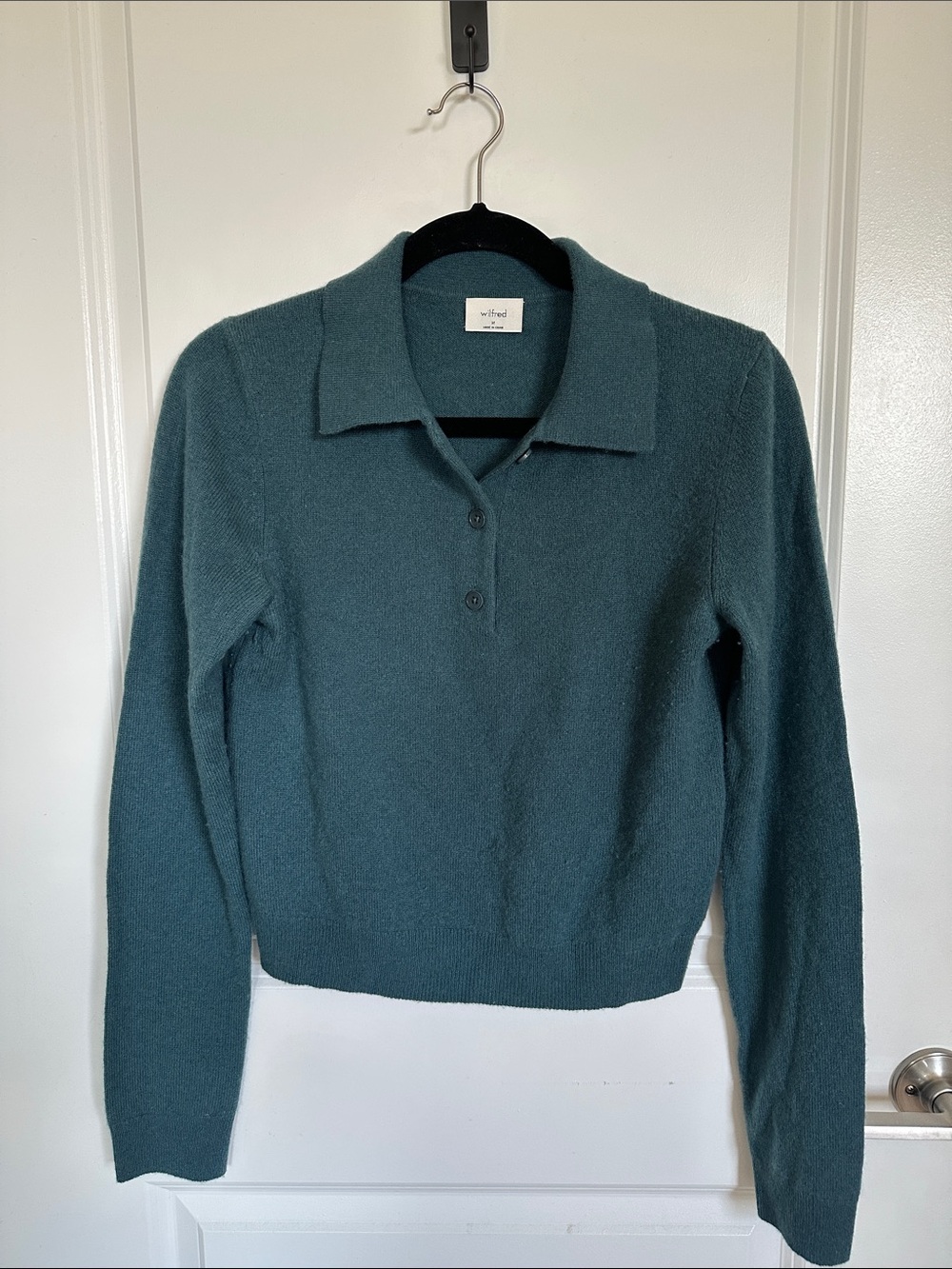 Aritzia Wilfred Teal Collared V-Neck Sweater